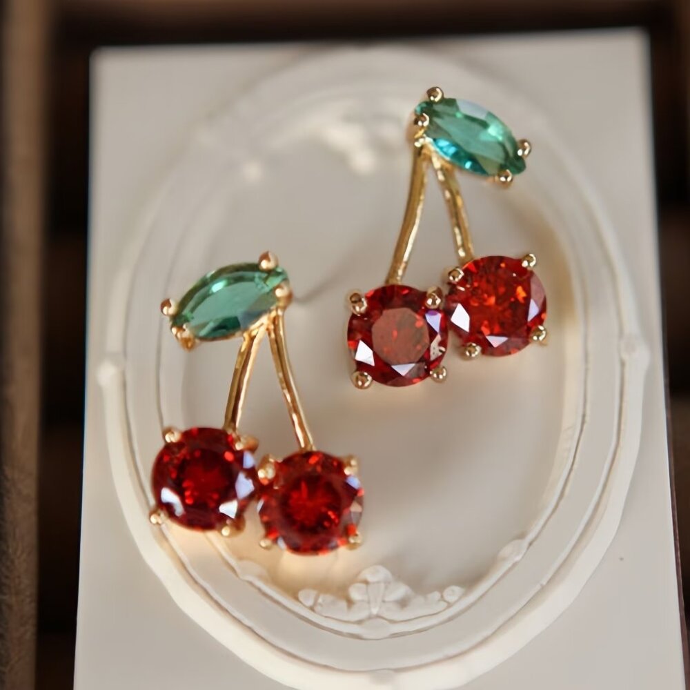 Rhinestone cherry stud yellow gold earrings NEW